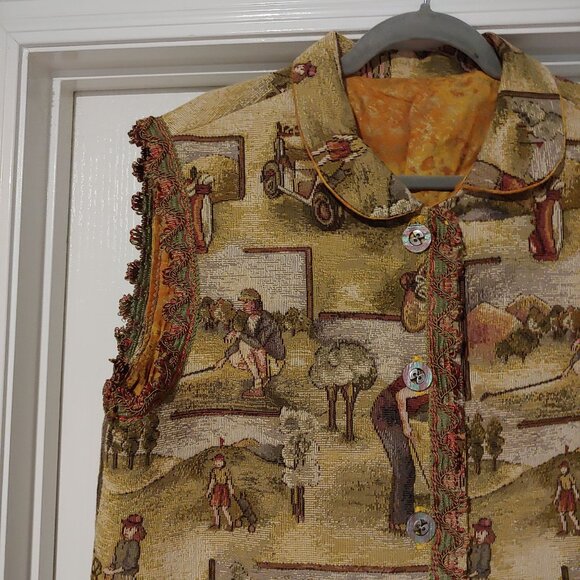 Vtg Woven Tapestry Golf Button Vest Handmade Heritage Folksy Cottage Old Money - Picture 2 of 12